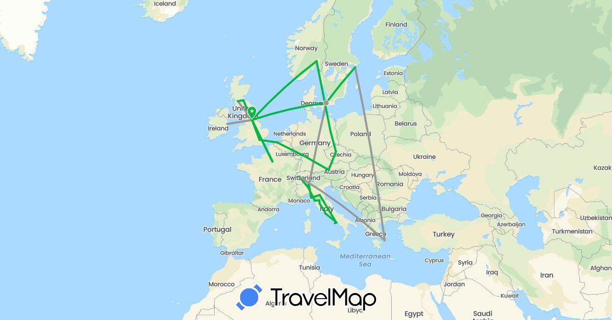 TravelMap itinerary: driving, bus, plane in Austria, Belgium, Switzerland, Czech Republic, Germany, Denmark, France, United Kingdom, Greece, Ireland, Italy, Norway, Sweden (Europe)